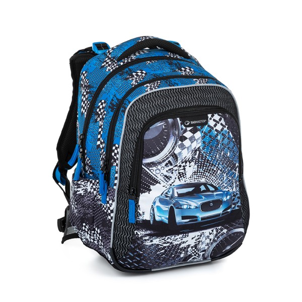 Školní tříkomorový batoh s vyjímatelným bederním pásem - modré auto