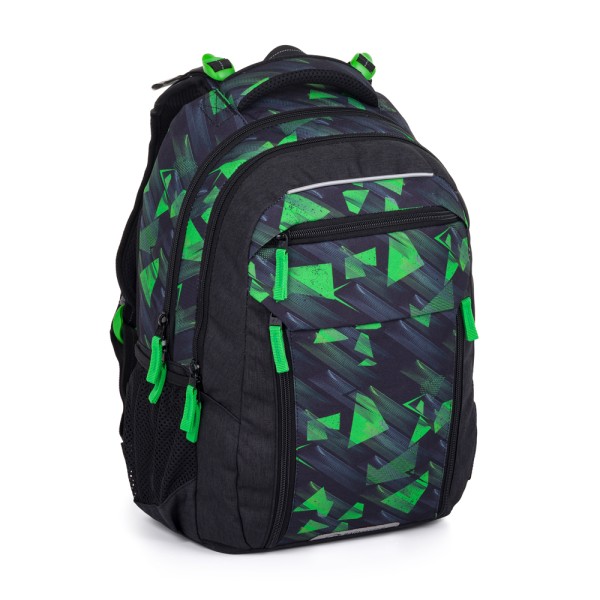 Školní dvoukomorový batoh s vyjímatelným bederním pásem – černo-zelený