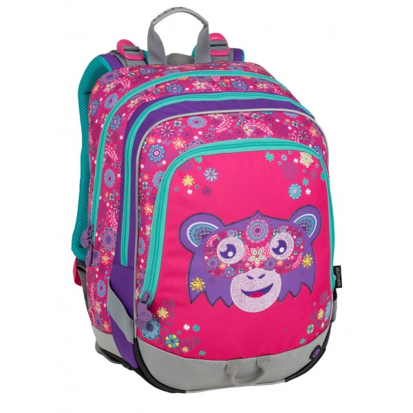 Školní tříkomorový batoh - opice s glitry