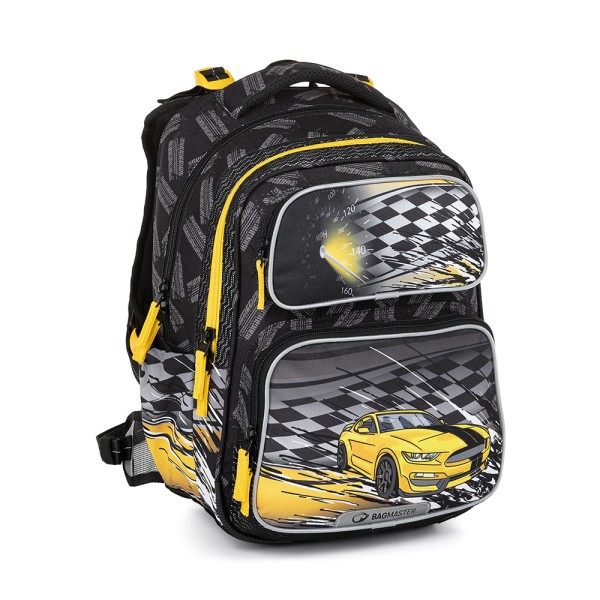 Školní dvoukomorový batoh s vyjímatelným bederním pásem - žluté auto