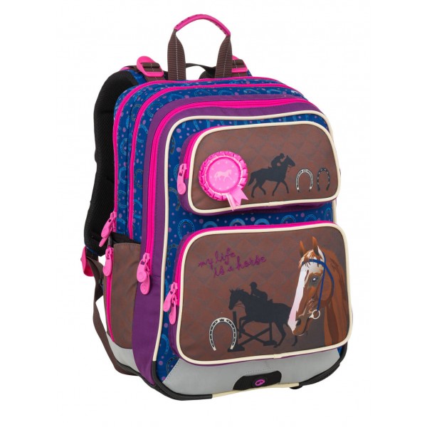 Školní tříkomorový batoh - hnědý kůň