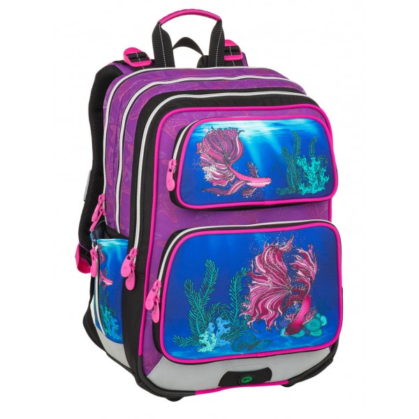 Školní tříkomorový batoh - ryba s glitry