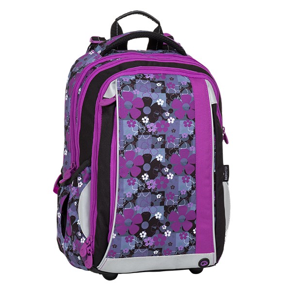 Školní tříkomorový batoh - fialové květiny