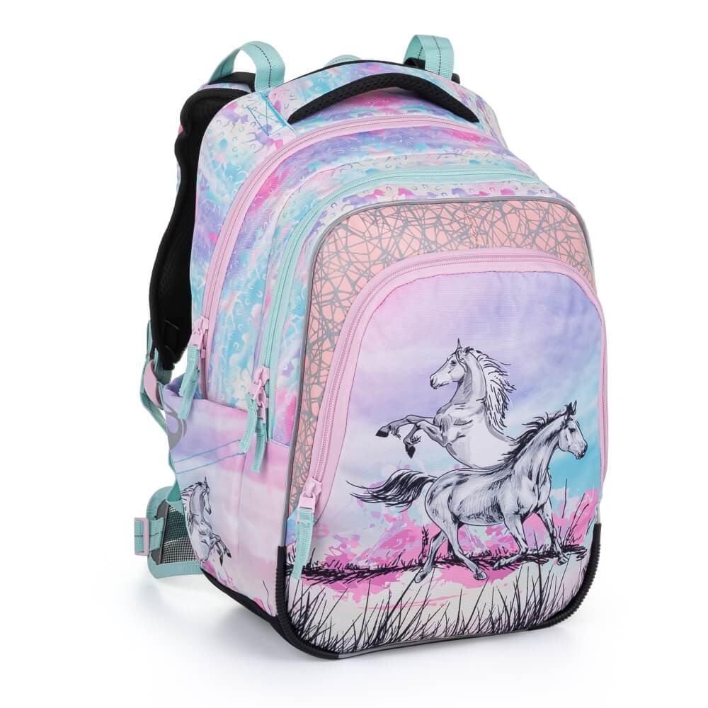 Školní tříkomorový batoh s vyjímatelným bederním pásem - koně