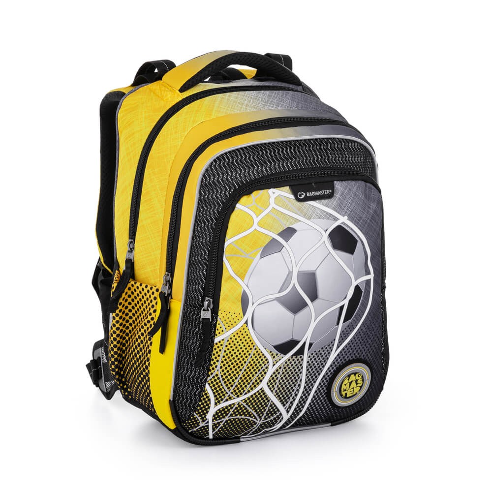 Školní tříkomorový batoh s vyjímatelným bederním pásem - žlutý fotbal