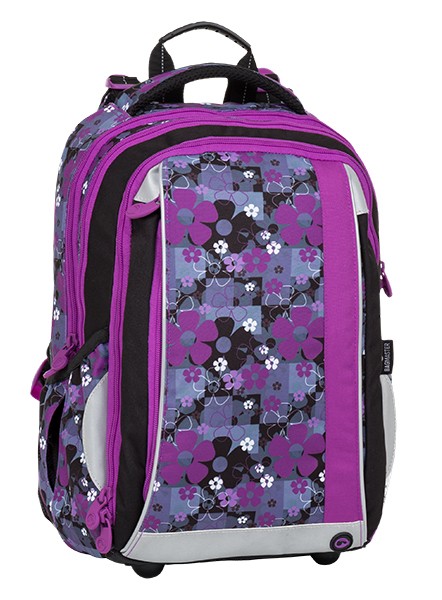 Školní tříkomorový batoh - fialové květiny