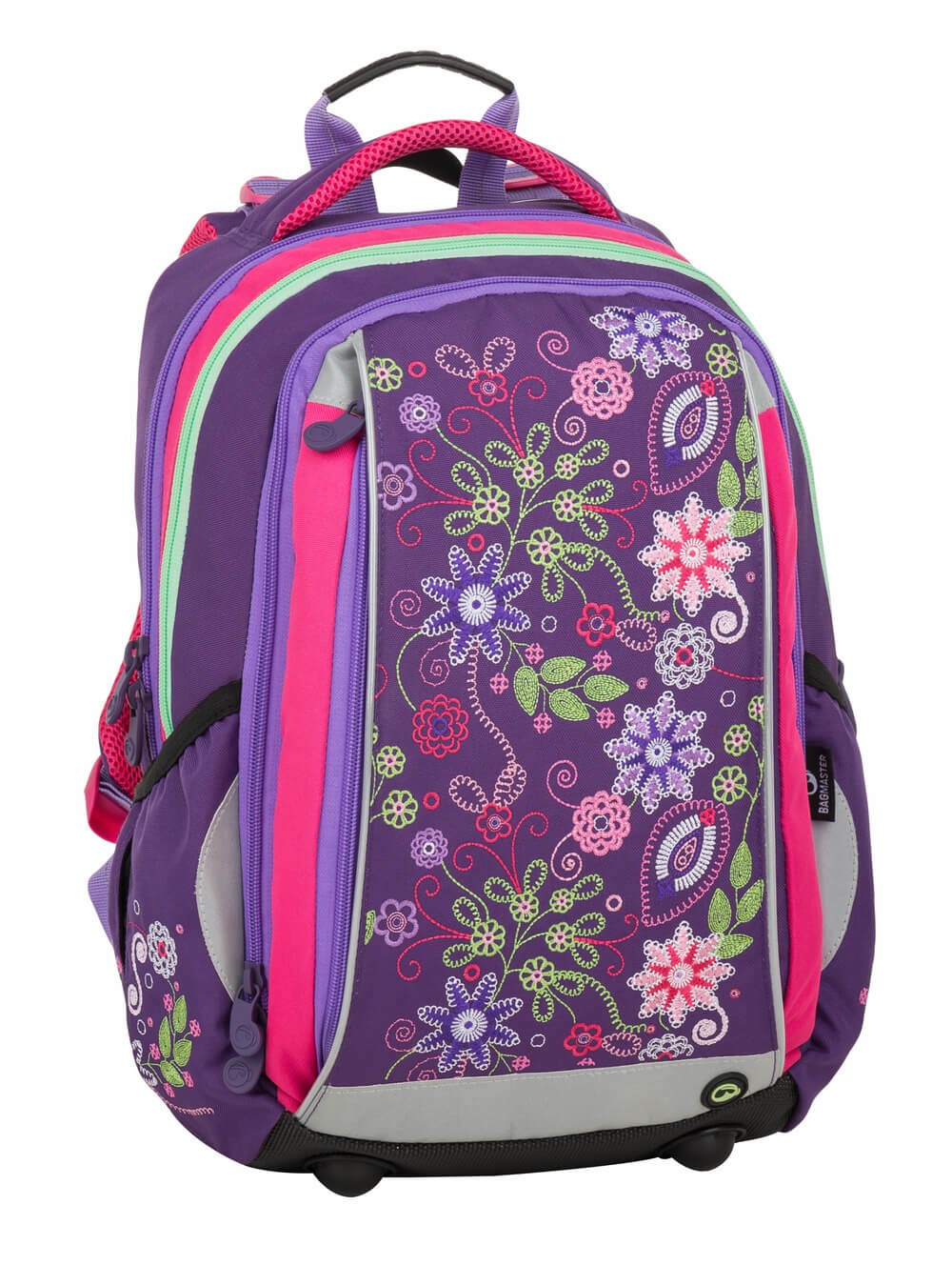 Školní tříkomorový batoh - vyšívané květiny